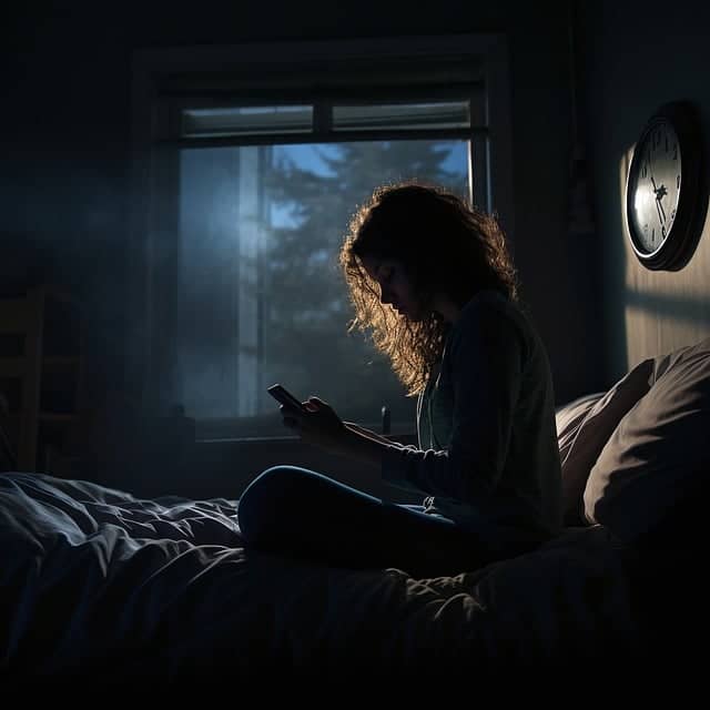 Symbolbild - Schlafstörungen bei Tabexeinnahme - Frau sitzt nachts im Bett und schaut auf das Handy